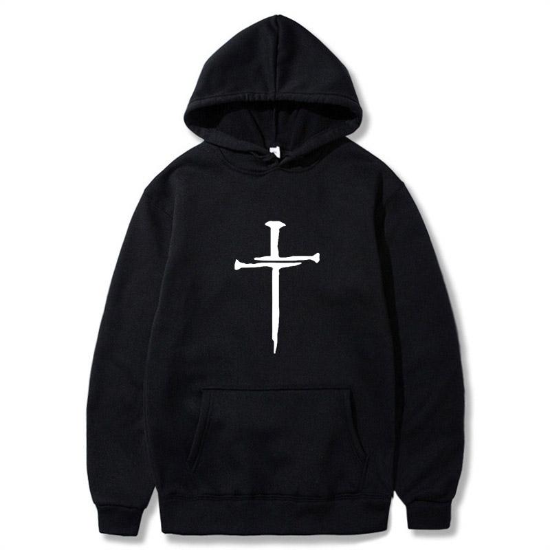 Men's Cross Graphic Hoodie - Black Casual Pullover Sweatshirt with Religious Symbol Print, Fashion Streetwear for Autumn/Winter