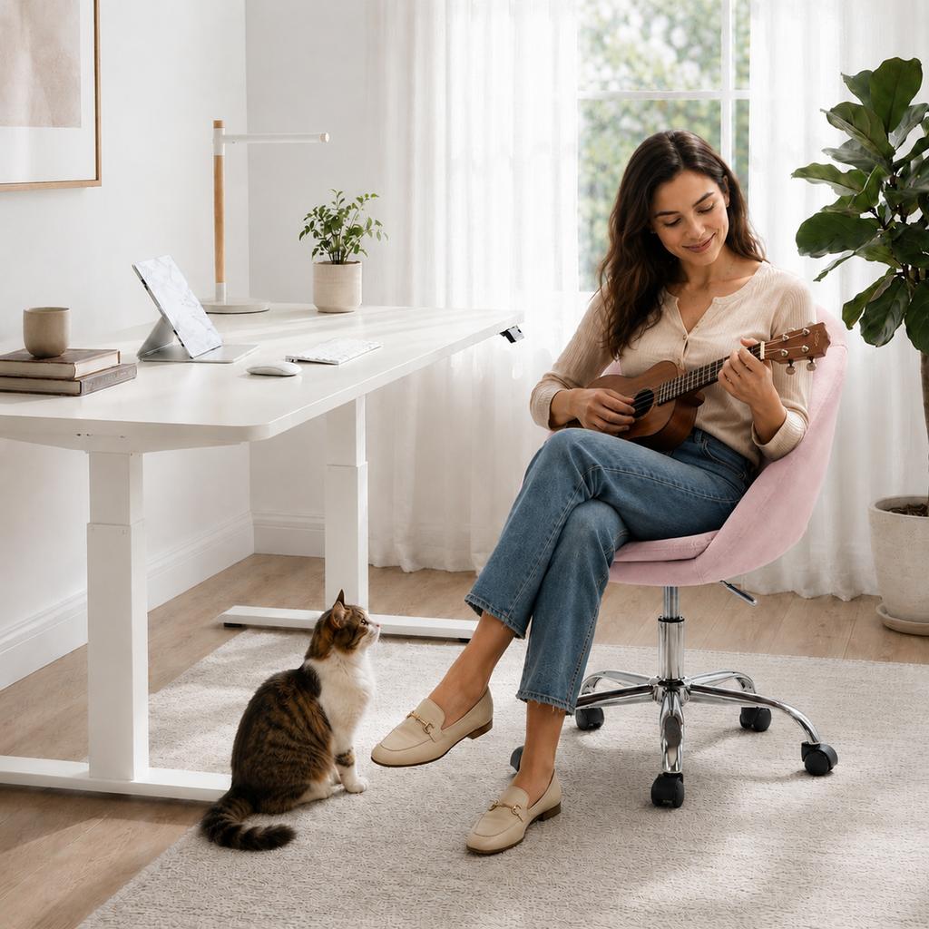 Velvet Desk Chair, Modern Office Chair with Height-Adjustable, Wheels, for Home Study Bedroom, Pink