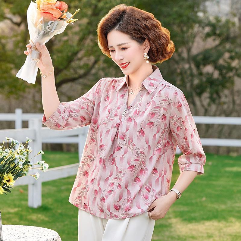 

2026 Summer Fashion Large Size Short Sleeve Top for Middle-Aged and Elderly Moms 5XL розовый