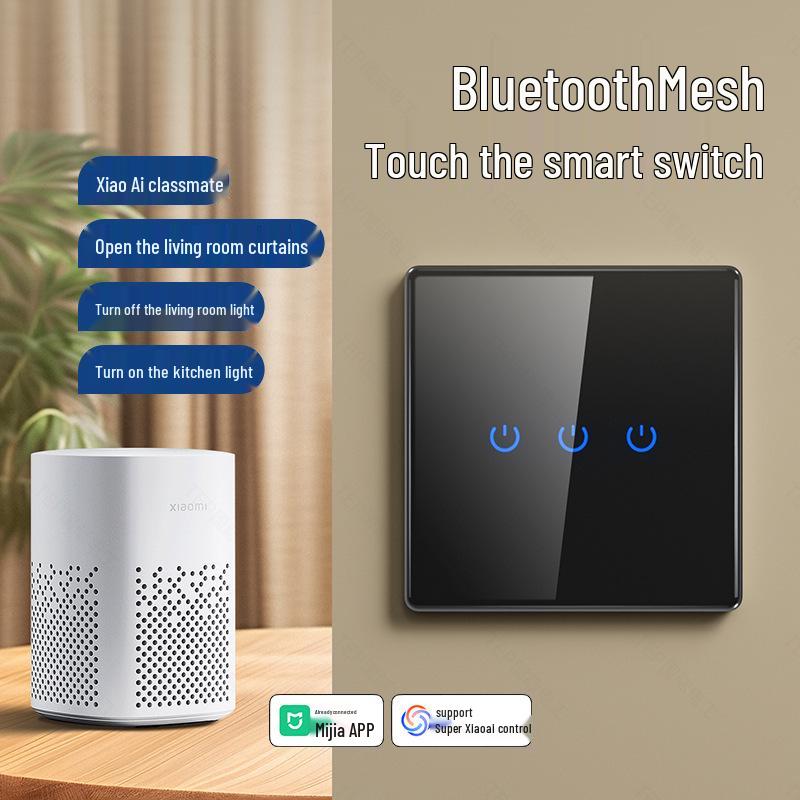 3-Gang Smart Glass Panel Switch, Bluetooth Mesh, Black, Mijia App Compatible