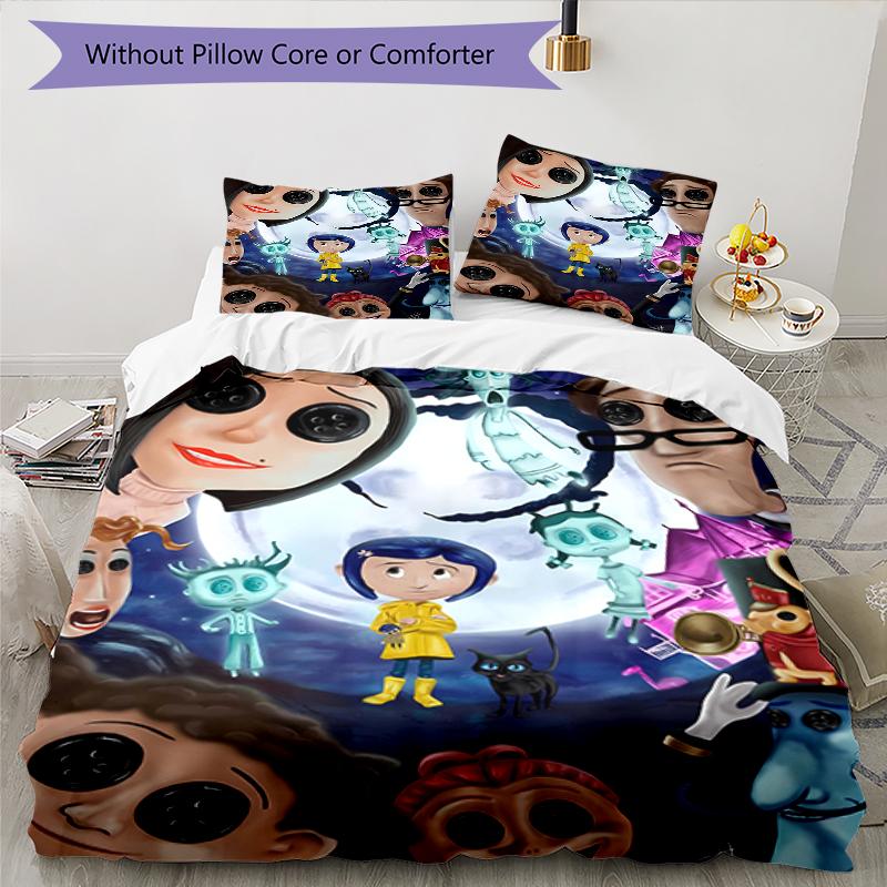 3pcs Coraline (2) Design Cover Set - HD Printed Bedding with 1 Cover and 2 Pillowcases - Perfect for Home and Dorm Decor