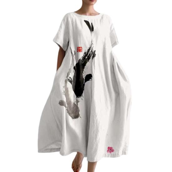 

Plus Size Chinese Wash Painting Style Dress for Women Summer Short Sleeve Crew Neck Loose Long Dress Casual Vacation Sundress S белый