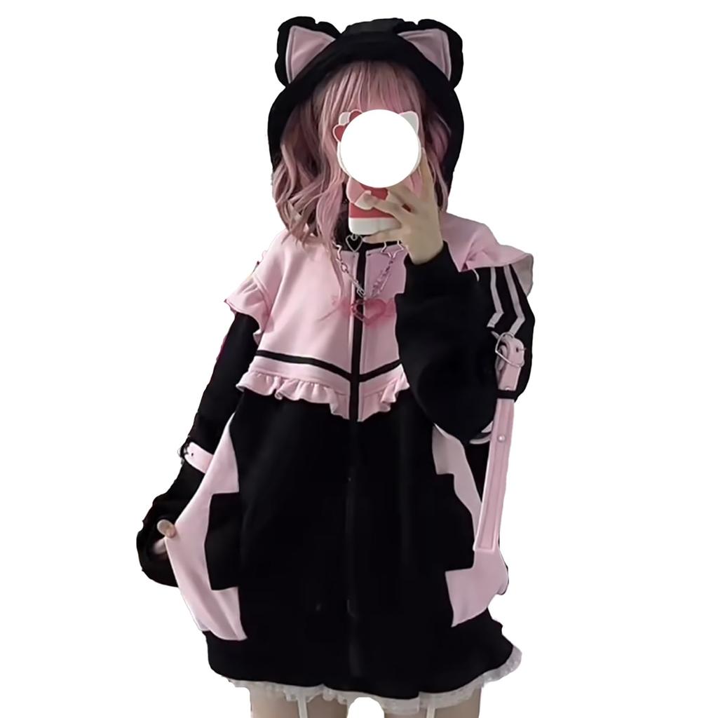 XHSUKADO Cat Ear Landmine Long Y2K Sickly Loose Color Size XL Zip-Up Hoodie, Sportswear, Punk, Subculture, Angel, Style, Women's Clothing, Sleeve,