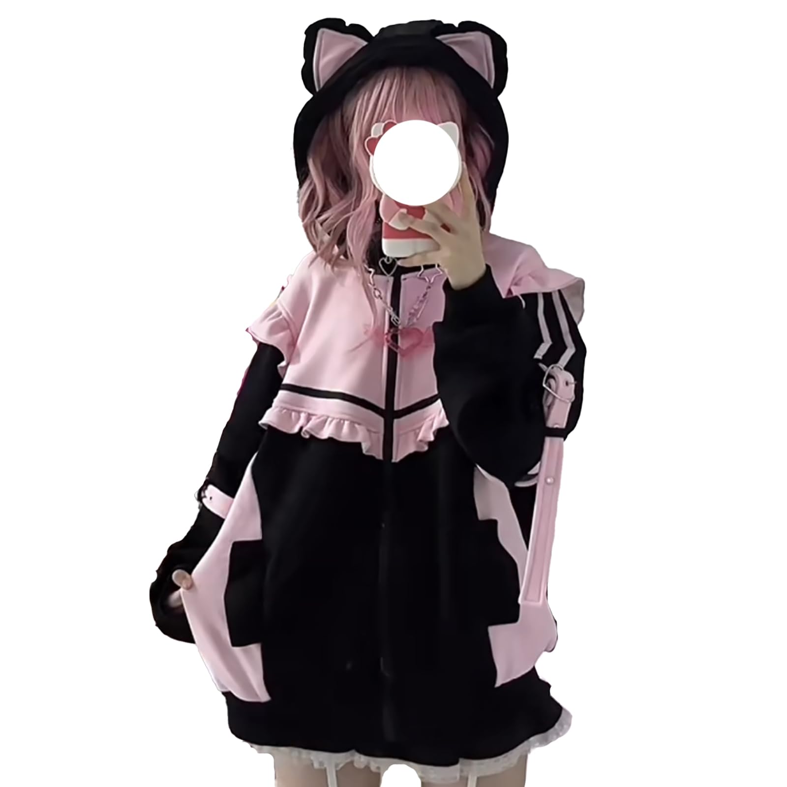 

XHSUKADO Cat Ear Landmine Long Y2K Sickly Loose Color Size XL Zip-Up Hoodie, Sportswear, Punk, Subculture, Angel, Style, Women s Clothing, Sleeve,