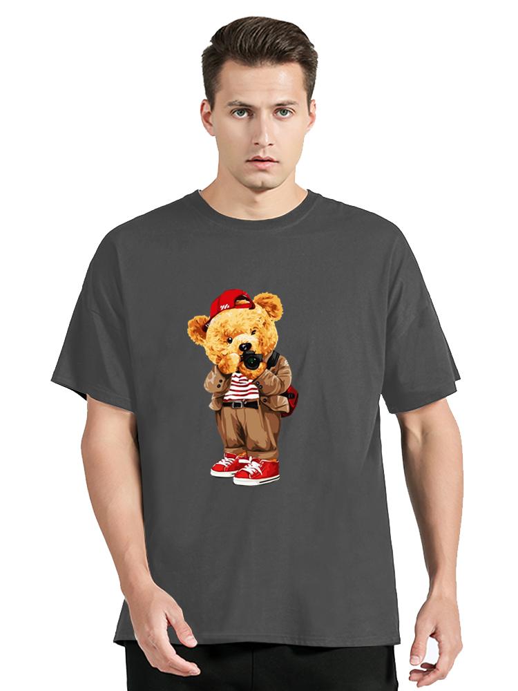 Fashion Teddy Bear Taking Your Photo Print Tshirt For Unisex Loose Oversized Clothes Breathable Cotton Short Sleeve Hip Hop Tees