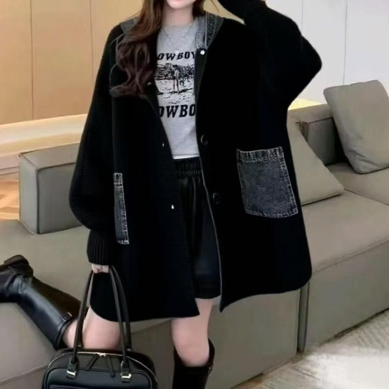 Women S Loose Hooded Long Casual Knit Cardigan Spliced Sweater