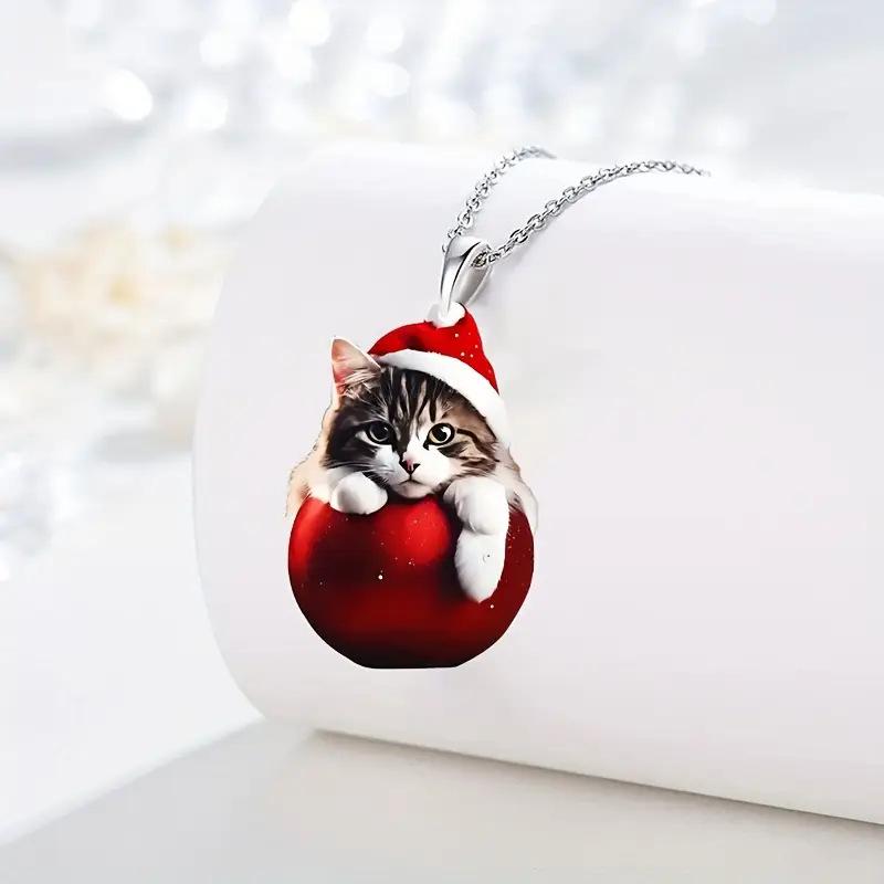 Cross-border new Christmas hat cat earrings flat acrylic Christmas ball decoration festive kitten necklace jewelry