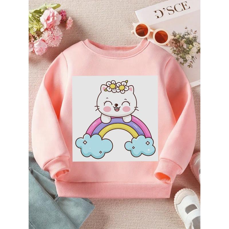 Long Sleeve Crewneck Sweatshirt Featuring a "Kawaii Cat on a Rainbow" Print for Girls And Boys - a Soft