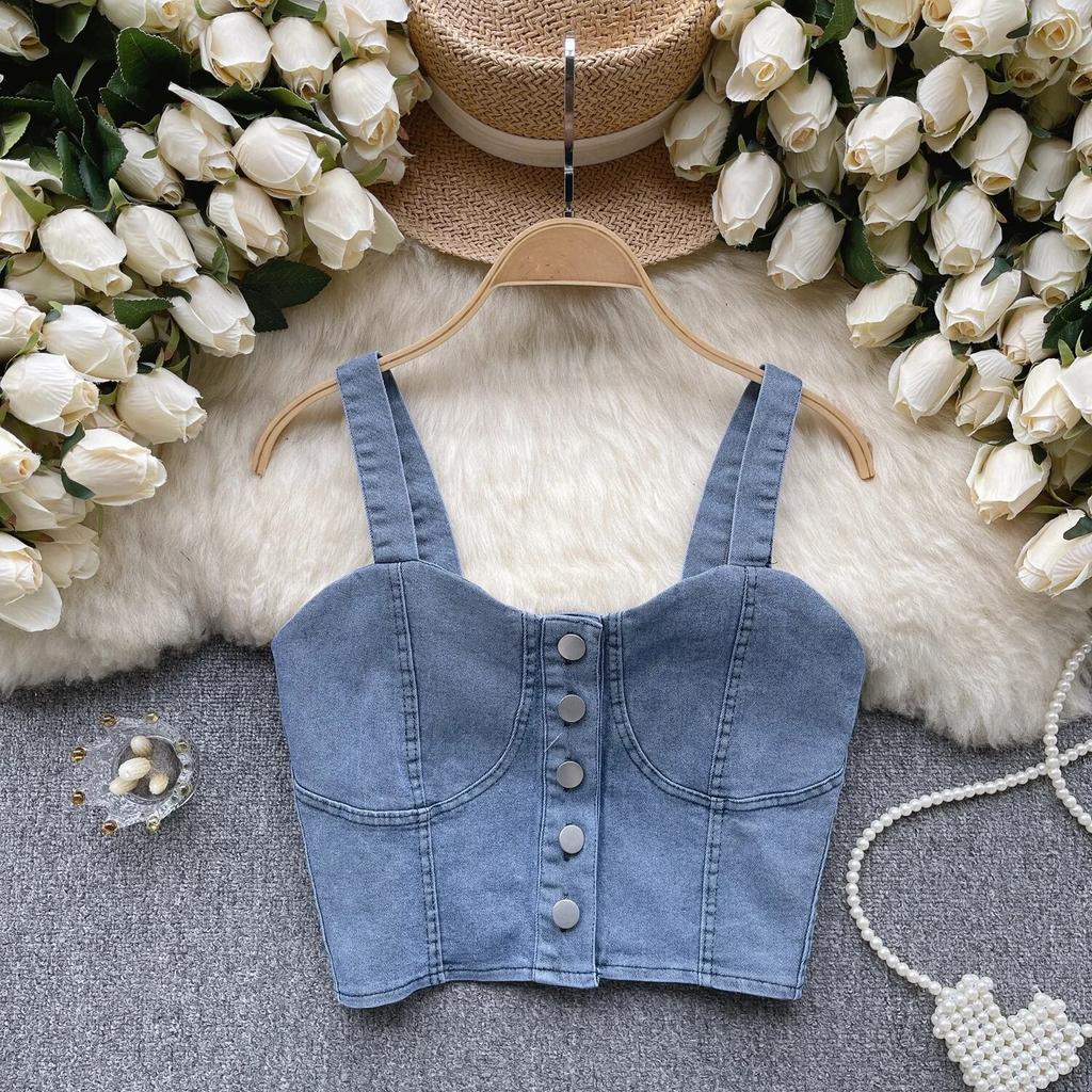 Hongkongský styl Retro Džínový top Dámský Design Jednořadé Slim fit Krátký Pupík Sexy Gyaru Sle Cami Móda
