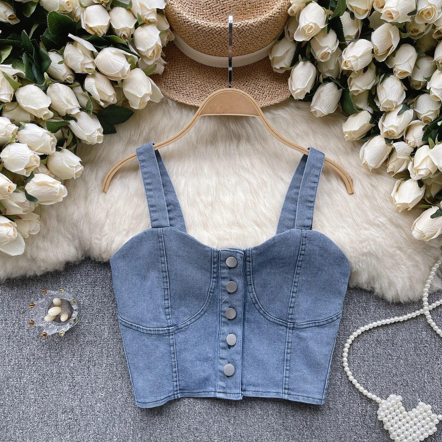 

Джинсовый топ в стиле Гонконга в стиле ретро, ​​женский дизайн, облегающий крой с короткими рукавами и пупком, сексуальный Gyaru Sle, модная футболка на бретельках One Size светло-синий