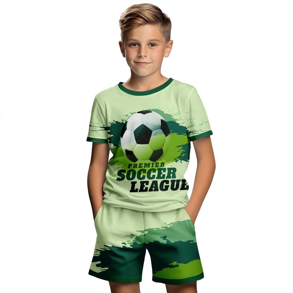 New 3D Football Printed Children's Sleeved Shorts Set Children's 2-piece Set Outdoor Casual Set