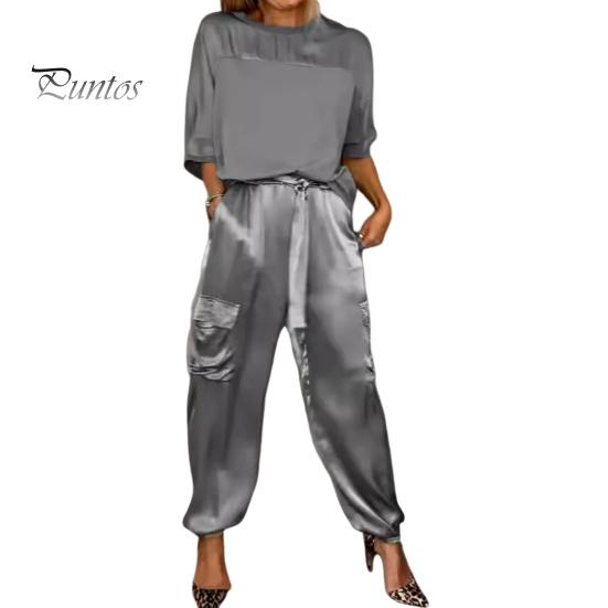 Set di 2 pantaloni da donna in raso con maniche a tre quarti in raso o collo con lacci in vita tinta unita morbido traspirante tasche casual camicetta ampia pantaloni set