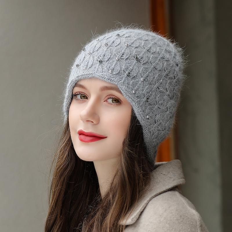 New Winter Hat Street Fashion Rabbit Fur Blend Thick Warm Beanie Hat for Women Elegant Pearl Decoration Knitted Hat Ladies Gift