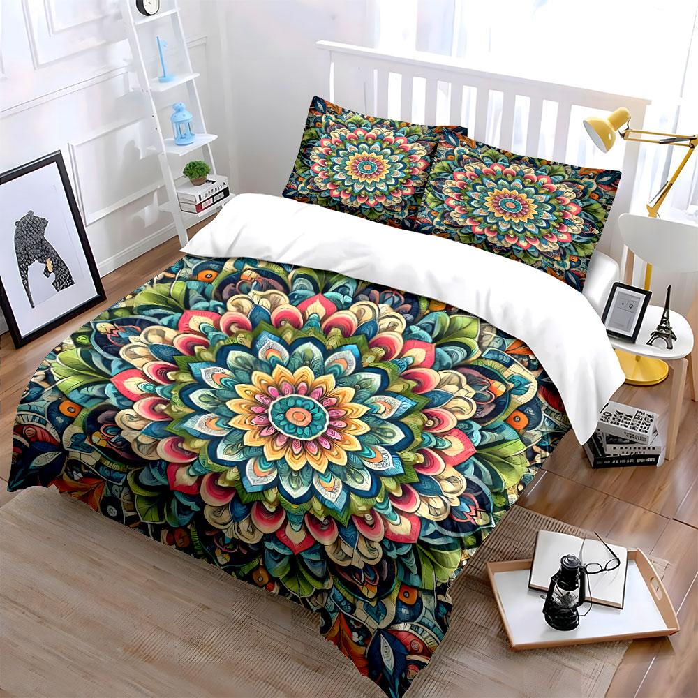 Colorful Mandala Tapestry Set Decoration Soft Skin-Friendly Bedding Set Includes 1 Duvet Cover And 2 Pillowcase Gift