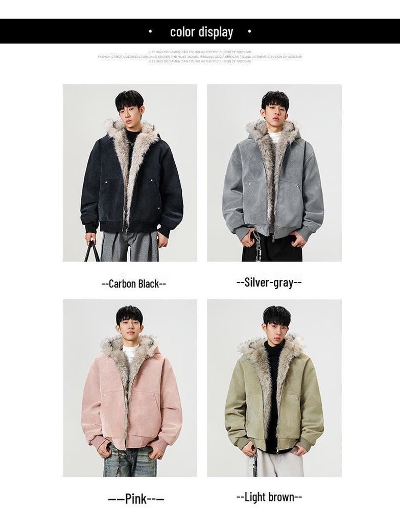Unisex Winter Hooded Cotton Coat with Sable Collar, Thickened and Velvet-Lined for Warmth and Cold Protection