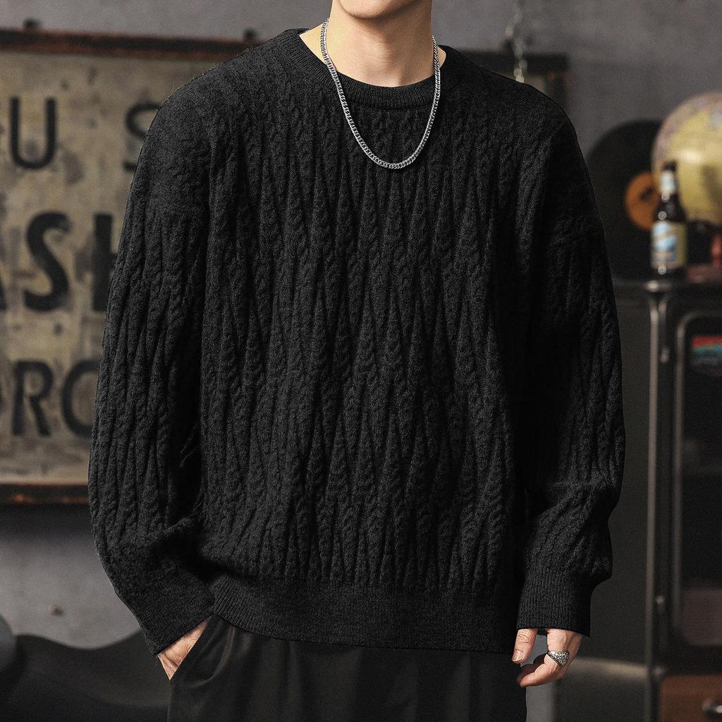 Men's Heavyweight Cable Knit Sweater - Warm, Trendy, Casual, and Versatile Round Neck Knitwear