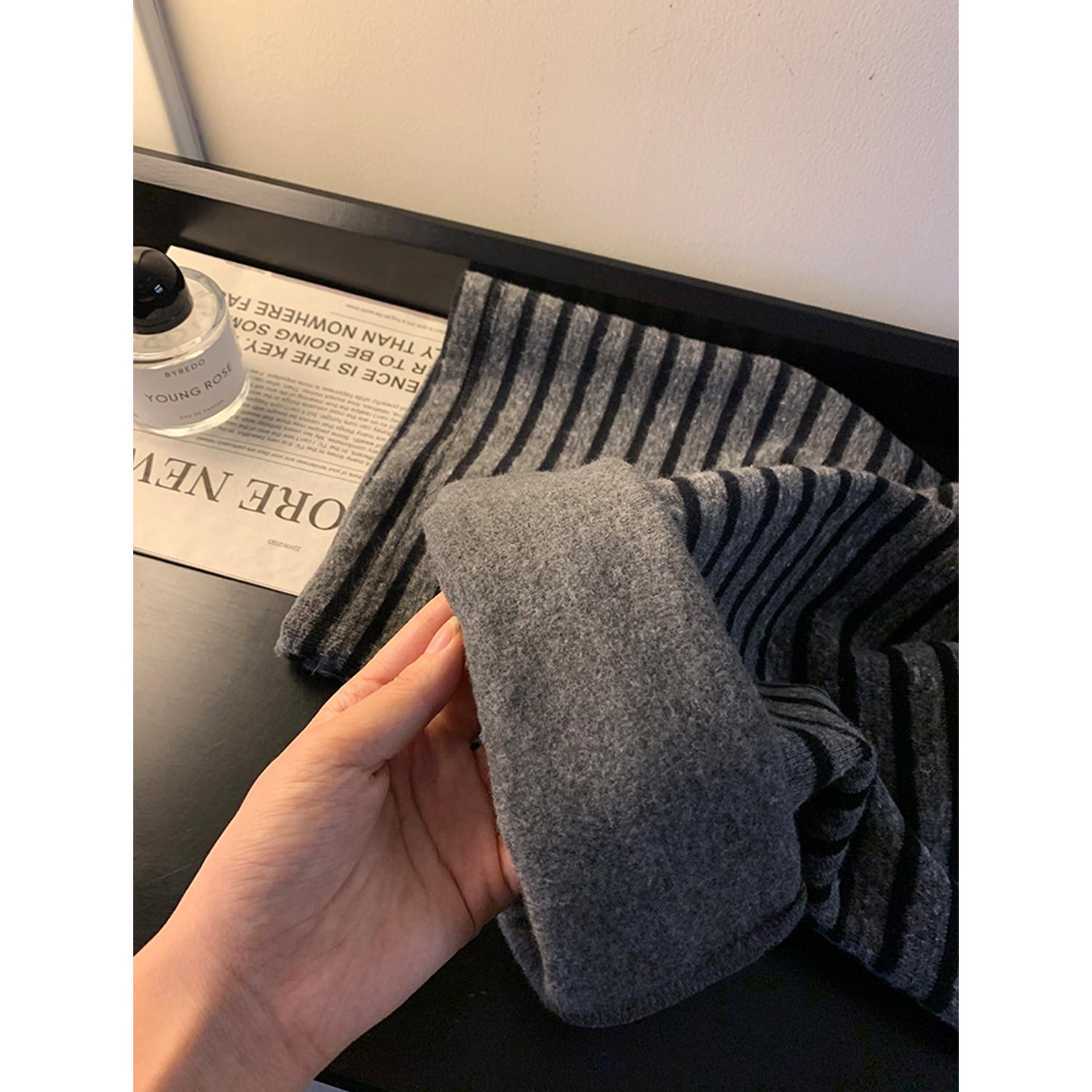 Ayi Women s Gray Striped High-Waisted Wide-Leg Knit Pants - Velvet Lined for Spring & Autumn Casual Wear M