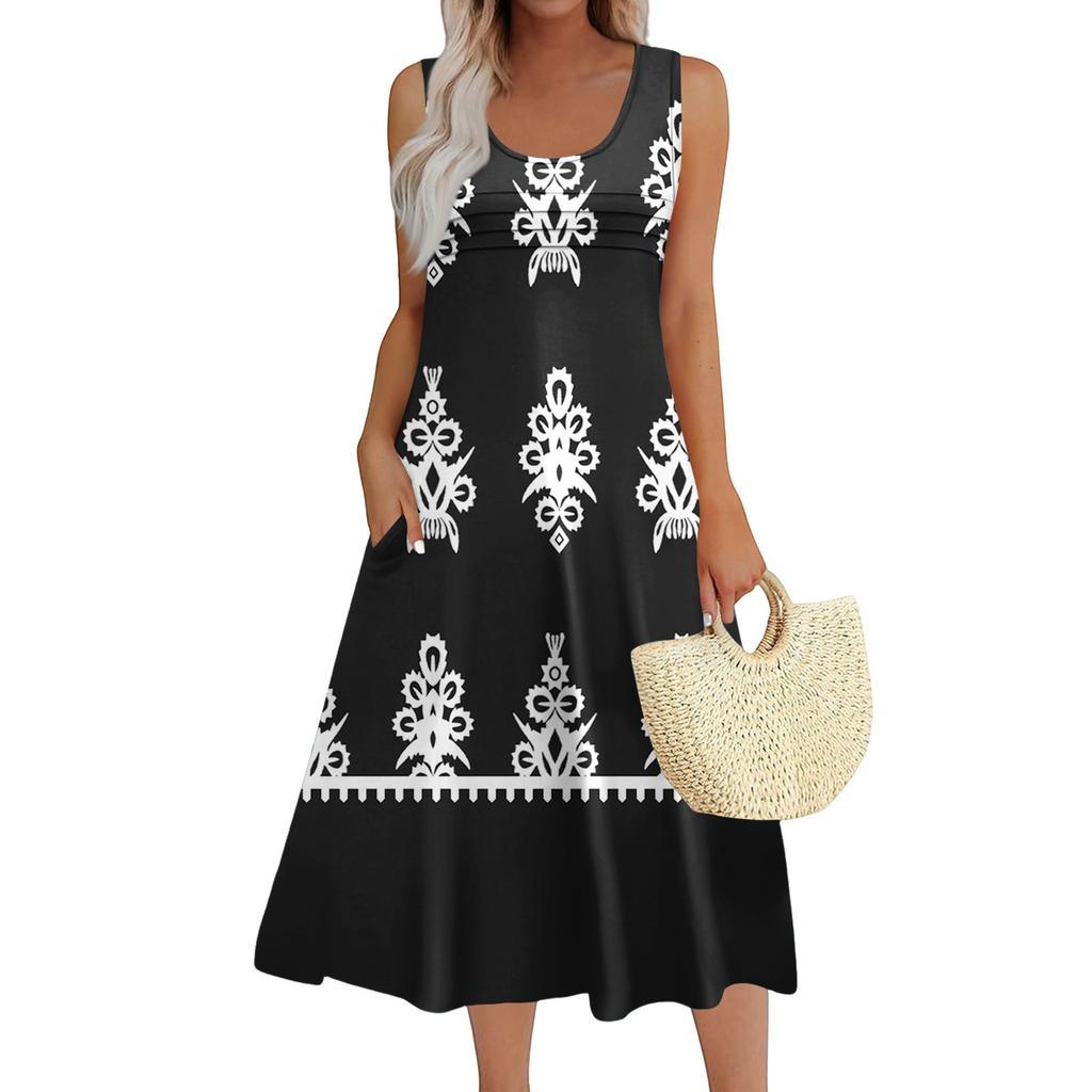 Women's Fashion Round Neck Sleeveless Pleated Beach Dress With Pockets Long Striped Printed Dresses