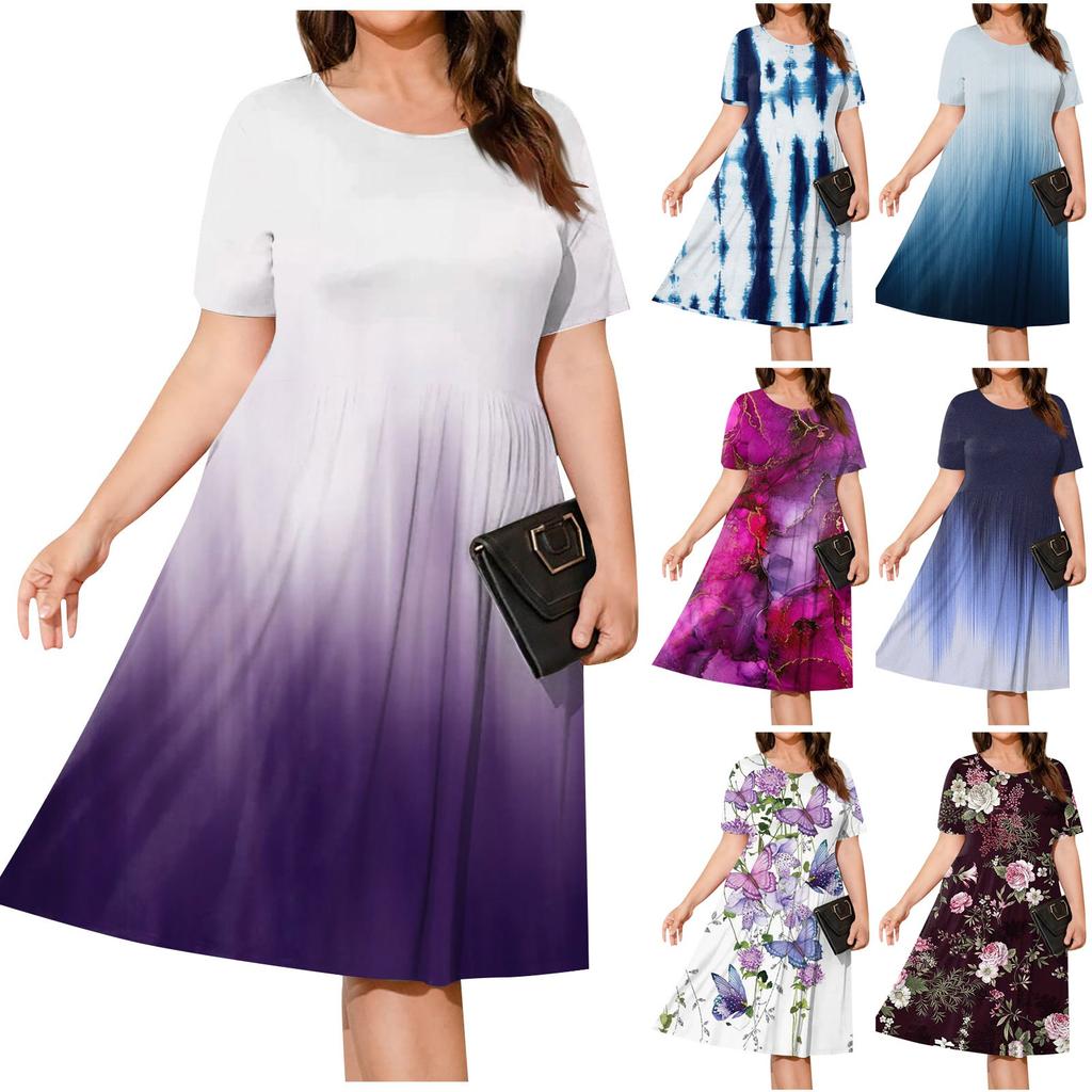 Womens Plus Size Summer Dress Casual Short Sleeve Paletead Waist Loose Fit Swing T-Shirt Dress With Pockets