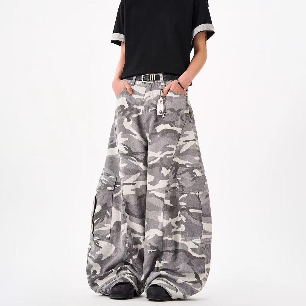 New American retro camouflage tooling wide-leg pants men's and women's loose trousers casual scimitar jeans