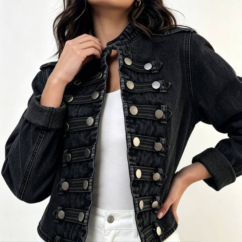 Giacca di Jeans da Donna con Collo Alto e Maniche Lunghe Moda Estiva Casual