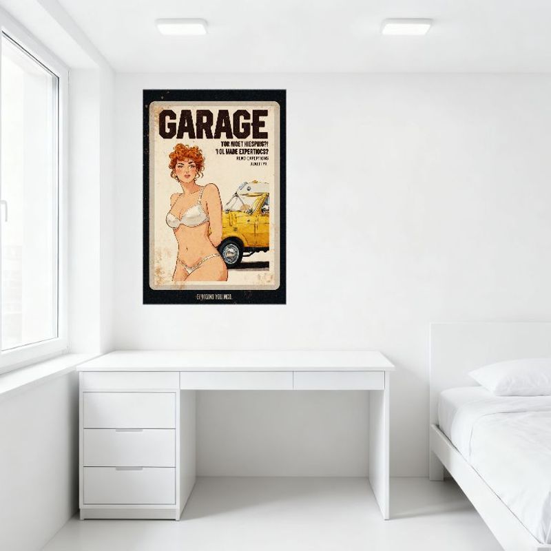 Sexy Pin-up Girl Vintage Metal Tin Sign with Yellow Car & Rusty Look 'GARAGE' Decor for Bar Pub Home Cafe Wall Art 8x12 Inch
