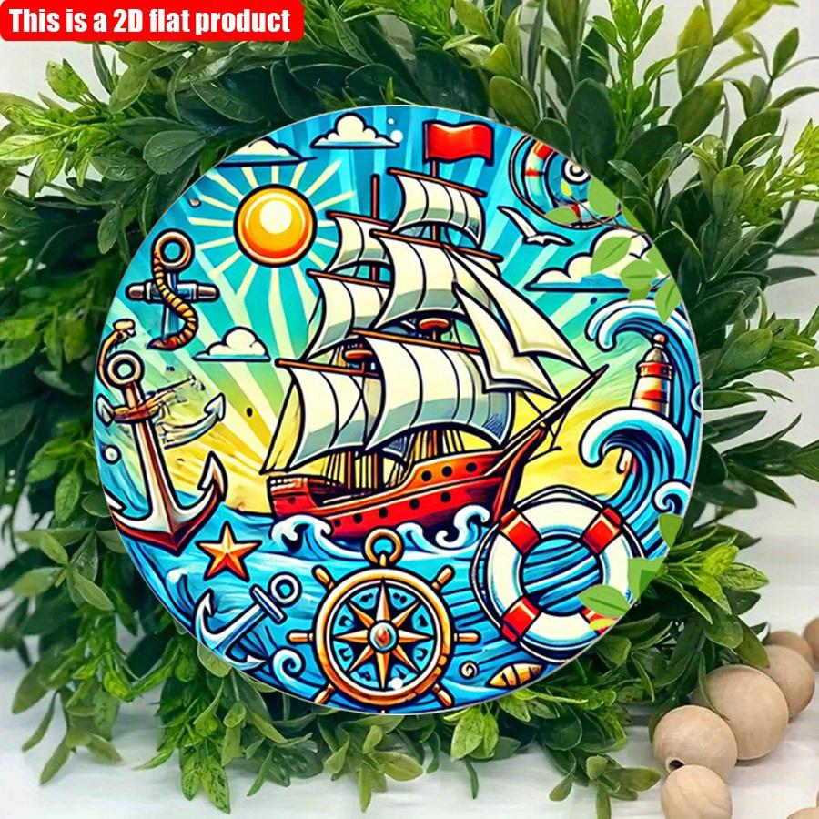 2D flat 20*20cm 1pc Retro Cartoon sailboat&anchor patterns wall art ornament, rustic Nautical theme decoration for Bedroom, sailboat, beach houses a