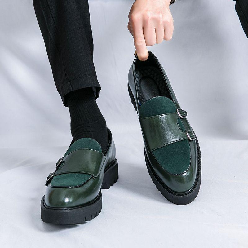 

Men s Leather Slip-On Business Loafers - Monk Style, Thick Sole, Height-Increasing, Trendy British Design for Hairstylists 45