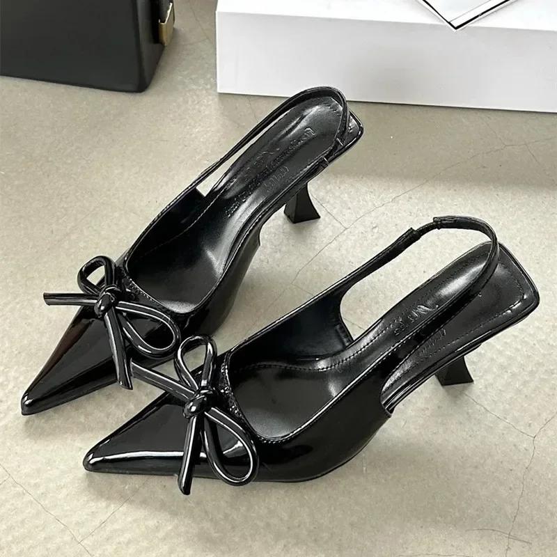 Luxury Designer Patent Leather Slingbacks High Heels Women Sexy Pointed Toe Bow High Heeled Sandals Elegant Dress Women Pumps