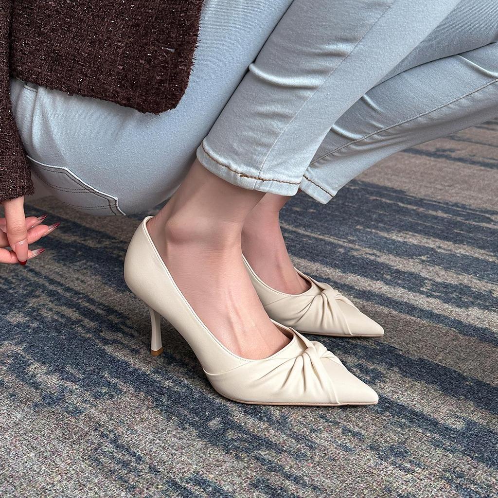 2025 Spring Women's French Twist Pointed Toe Stiletto Heels - Large Sizes 41-43 for Commuting and Work