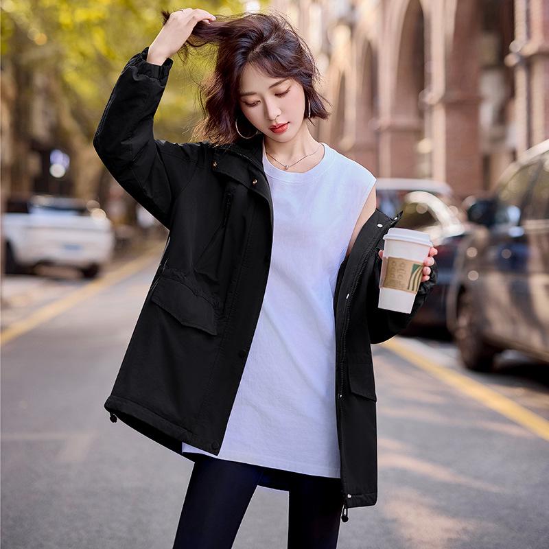 

Женская парка средней длины с флисовой подкладкой, зимнее приталенное пальто-ветровка с капюшоном, 2024 M чёрный