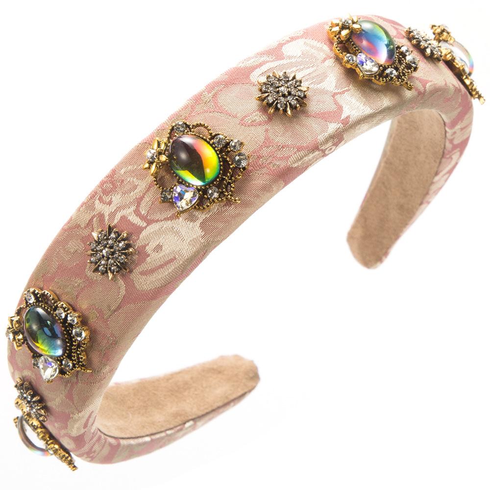 

European and American New Court Style Retro Satin Printing Fabric Headband with Diamonds, Pearl Flowers, High-quality Banquet Hair Accessories 2026 розовый