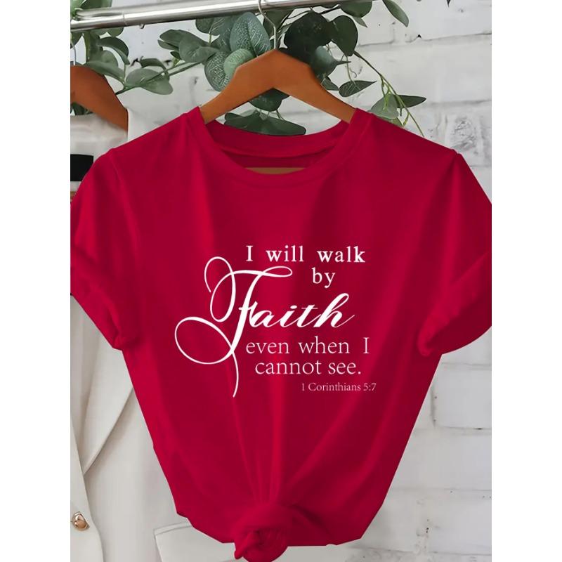 Walk By Faith Women's Tee - Bible Verse Graphic Pink Casual Top