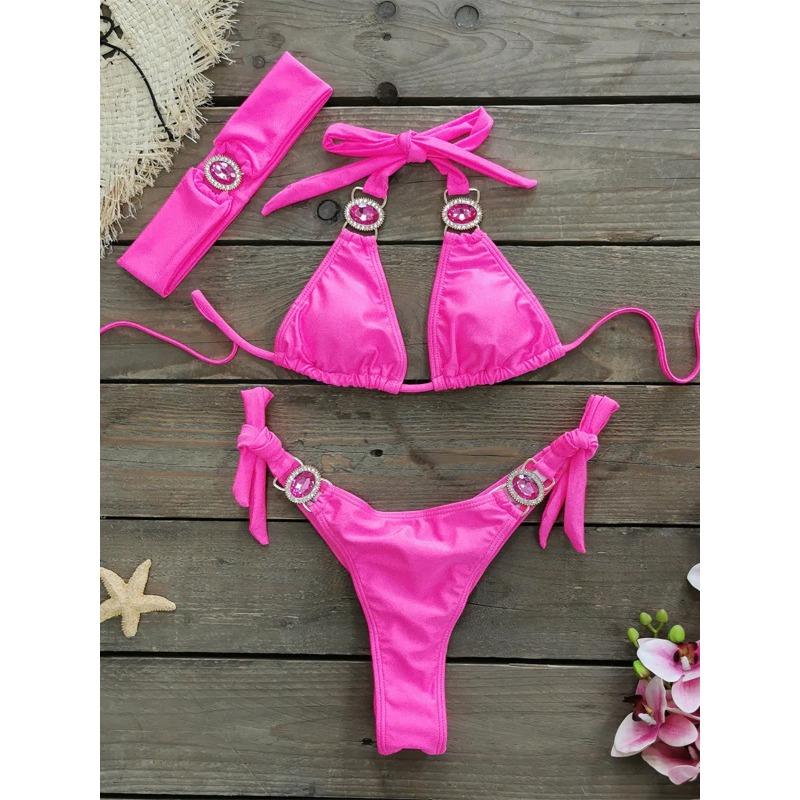 Luksusowy Bikini 2025 Kobiety Neonowy Zielony Gradientowe Dżety Push Up Mikro Kostium Kąpielowy Plażowy Kostium Kąpielowy Diamentowy Pasek 3-częściowy Strój Kąpielowy