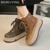 Plateau Damen Schnee Stiefeletten Kurzer Plüsch Mittelhoch Baumwollschuhe Winter 2025 Neuer Trend Designer Schnürschuhe Warm Botas De Mujer
