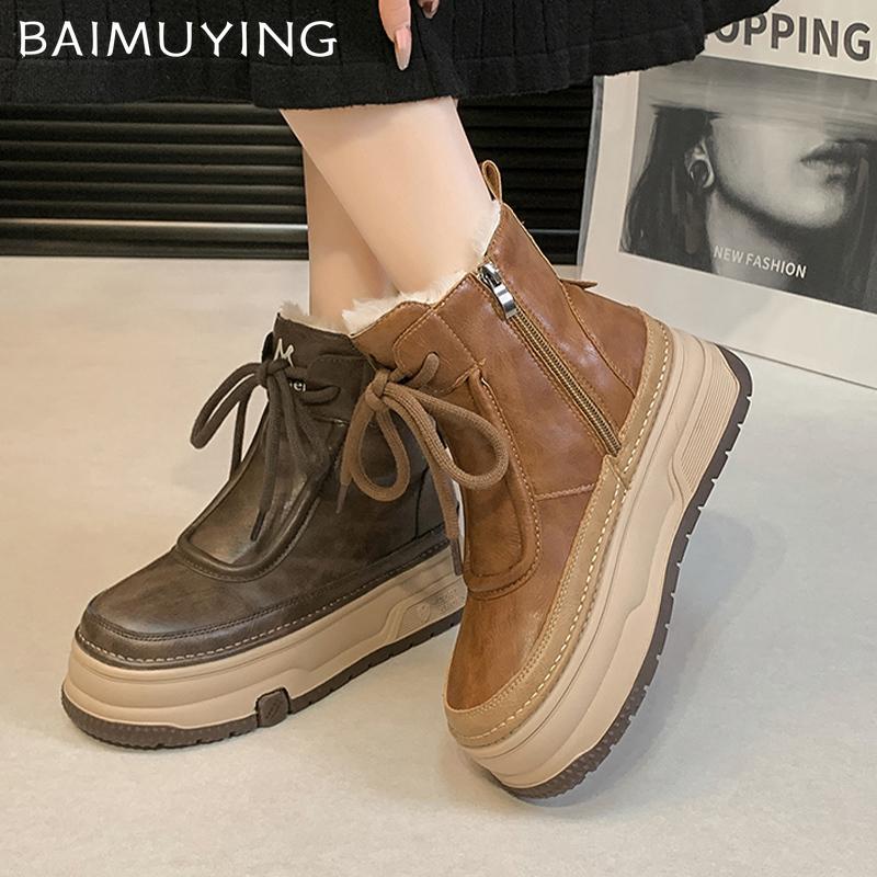 Platform Women Snow Ankle Boots Short Plush Mid Heels Cotton Shoes Winter 2025 New Trend Designer Lace Up Warm Botas De Mujer