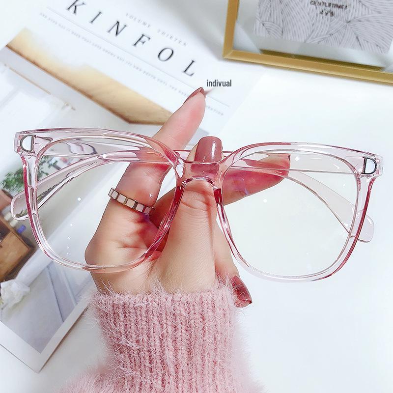Trendy D-shaped anti-blue light glasses, popular on social media, in a stylish street style; can be fitted with prescription lenses.