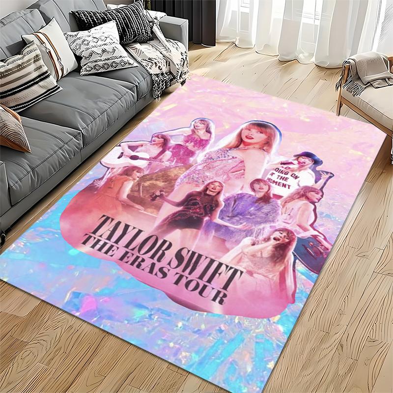 Pop Music Area Rug, Taylor Swift Eras Tour Pink Holographic Collage Print, Music Fan Room Decor, Non-Slip Mat