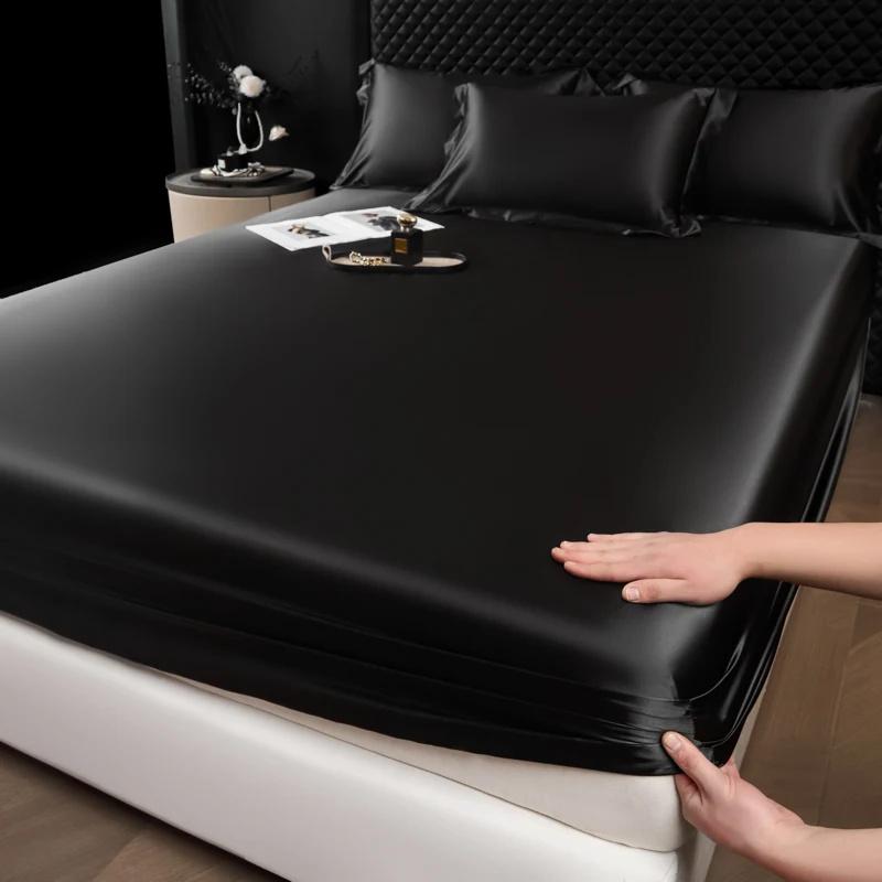 1Pc Satin Elastic Fitted Sheet Solid Mattress Cover for Single Double Couple King Queen Full Twin Bedsheet Satin Bed Linen