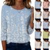 Top da donna casual alla moda a maniche a tre quarti con stampa floreale e girocollo