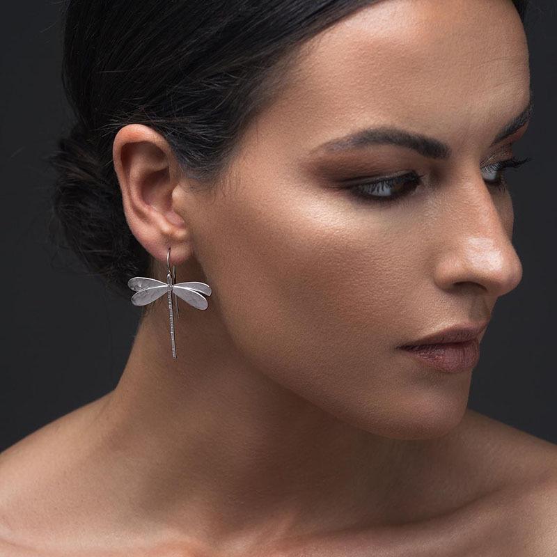Gold Hammered Metal Dragonfly Dangle Earrings for Women - Minimalist Insect Accessories