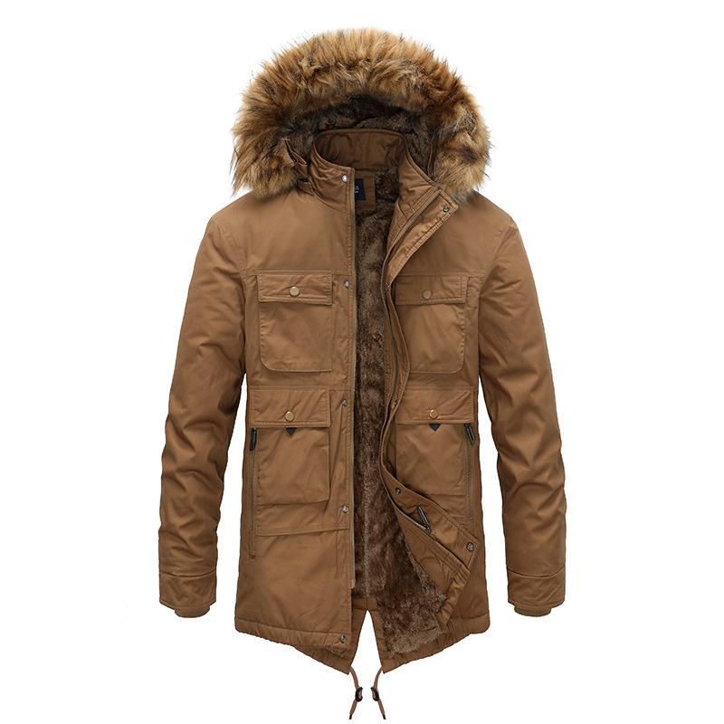 Winter Solid Color Velvet Mid-length Men's Washed Cotton Coat with Hooded Fur Collar and Detachable Multi-pocket Cotton Coat