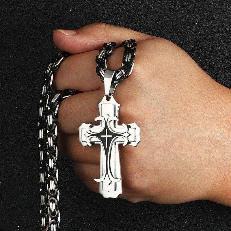 Male Vintage Christian Trinity Latin Cross Necklace Multi-layers Stainless Steel Cross Pendants Necklaces Catholic  Jewelry