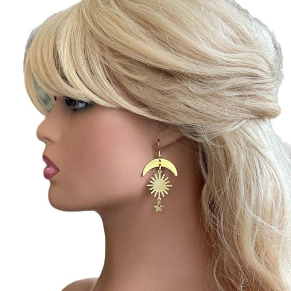 New Mysterious Ethereal Gold Color Sun Crescent Moon Stars Celestial Dangle Earrings for Woman Bohemia Ethnic Style Jewelry Gift