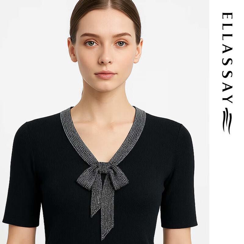 ELLASSAY Women's Elegant Ribbon V-Neck Knit Top