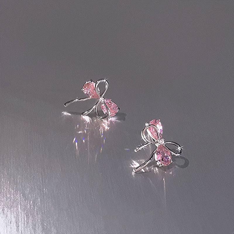 

925 Silver Bow Pink Zircon Stud Earrings For Women Wedding Luxury Trendy Jewelry Gift срібний