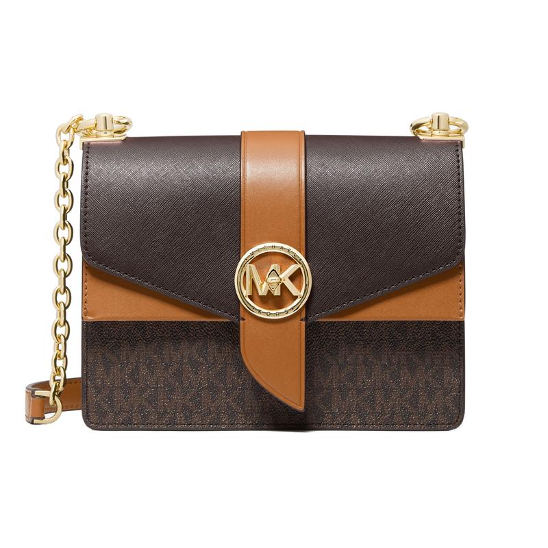 MICHAEL KORS Greenwich Chain Flap Presbyopia Printed Logo Color Block Artificial Leather Shoulder Crossbody Bag Small Women s Brown