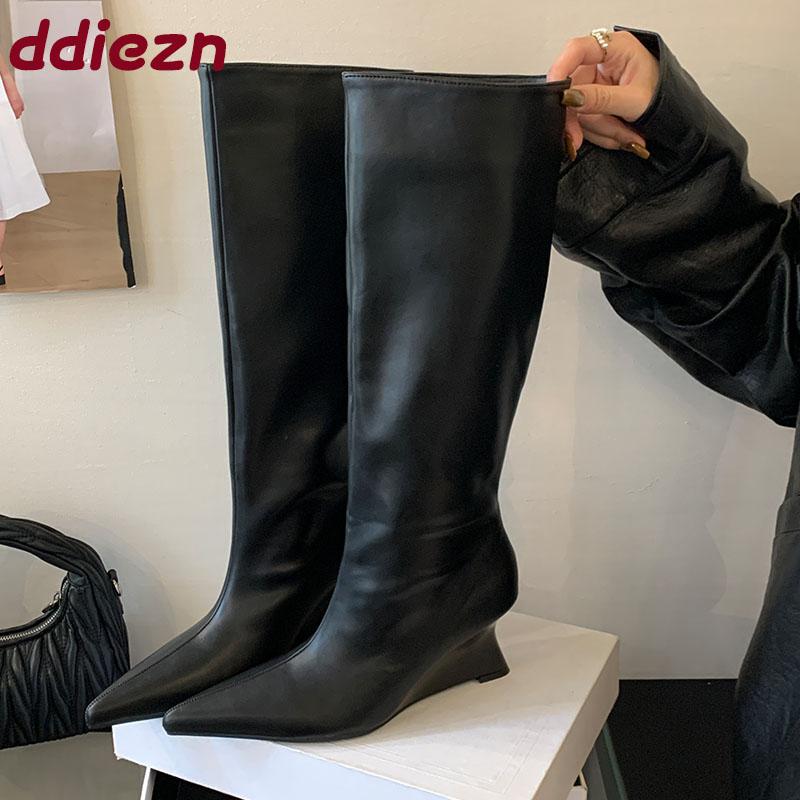 Fashion Footwear Slip On Women Knee High Boots Shoes Fashion Pointed Toe Party Modern Ladies Long Boots Female Wedges Shoes Pumps