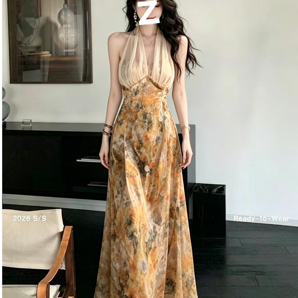 Retro smudge oil floral neck dress summer mesh V-neck waist pendulum long dress seaside vacation looking thin