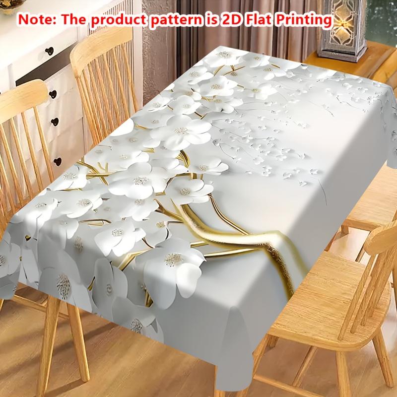 One white tablecloth with floral pattern, white tablecloth, suitable as a printed table cover for the kitchen